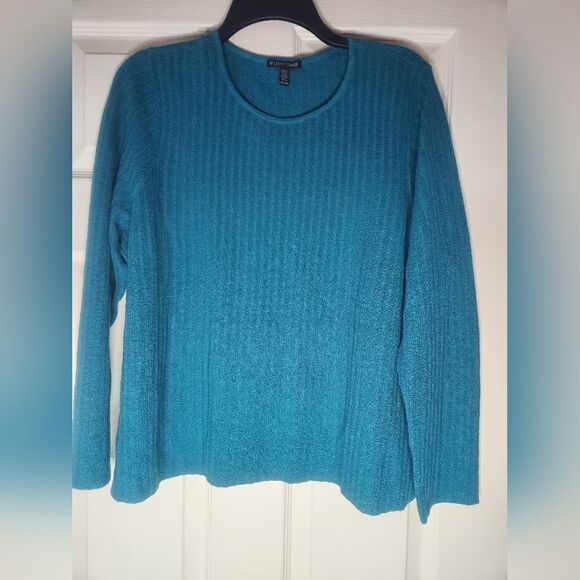 EileenFisher XL JasperGreen OrganicLinen StretchCrewNeck LngSlv Women TopSweater - Picture 1 of 7